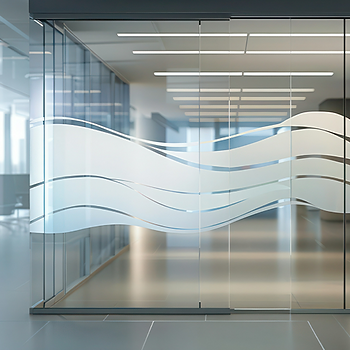 Frosted vinyl decal contour cut to shape installed on a glass door and window in a modern office.