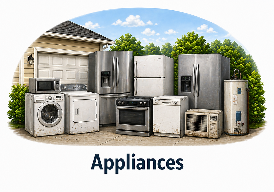 Appliances: refrigerators, washer, dryer, oven, water heater