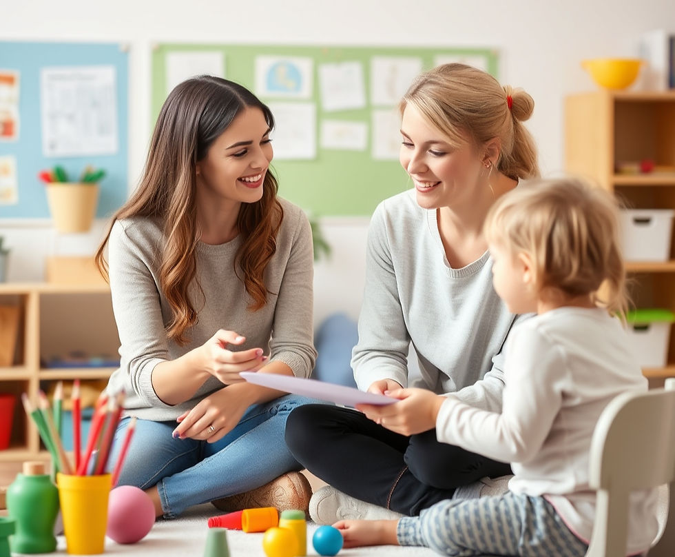 Women and a child sit on the floor of a classroom