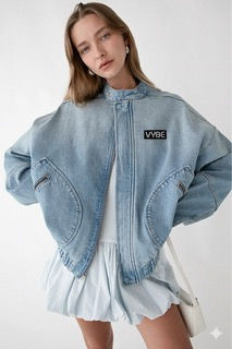 oversized light blue denim jacket from VYBE over a white dress, paired with a minimal shoulder bag.