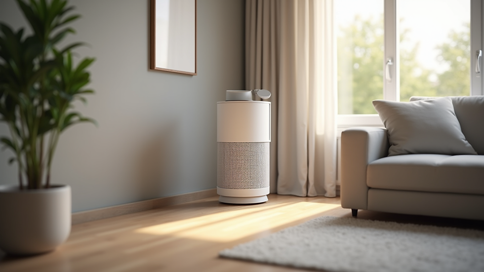 Eye-level view of a modern air purifier placed in a living room corner