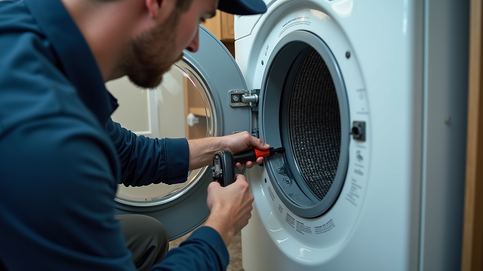 Eye-level view of technician cleaning dryer vent with specialized equipment