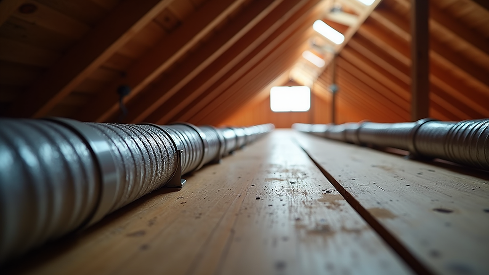 Close-up view of HVAC ductwork inside a residential attic