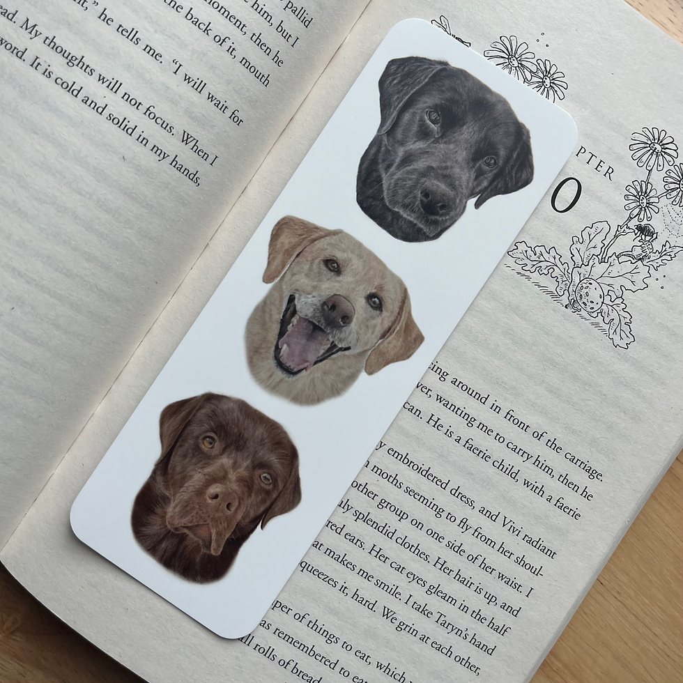 Thumbnail: Bookmark featuring realistic artworks by Catrin Membery, 3 labrador portraits in a column, black lab, yellow lab, chocolate lab