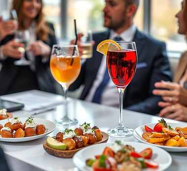 a business cocktail party with festive drinks and various appetizers.jpg
