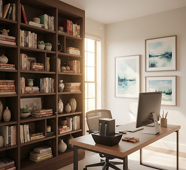 organized office with bookshelves, desktop fountain, serene pictures on the wall.jpg