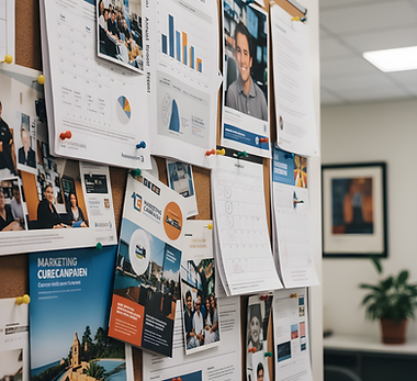 Bulletin board containing various marketing products like annual reports, photos, brochure