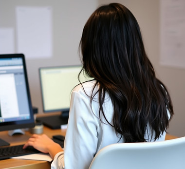 Dark haired woman with back to camera sitting at a computer with a binder next to it.jpg
