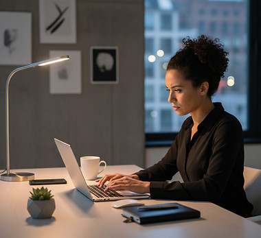 Biracial woman working on a laptop at a very tidy, organized desk.jpg