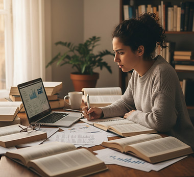 person with latinx features at a desk piled high with books, research journals and a compu