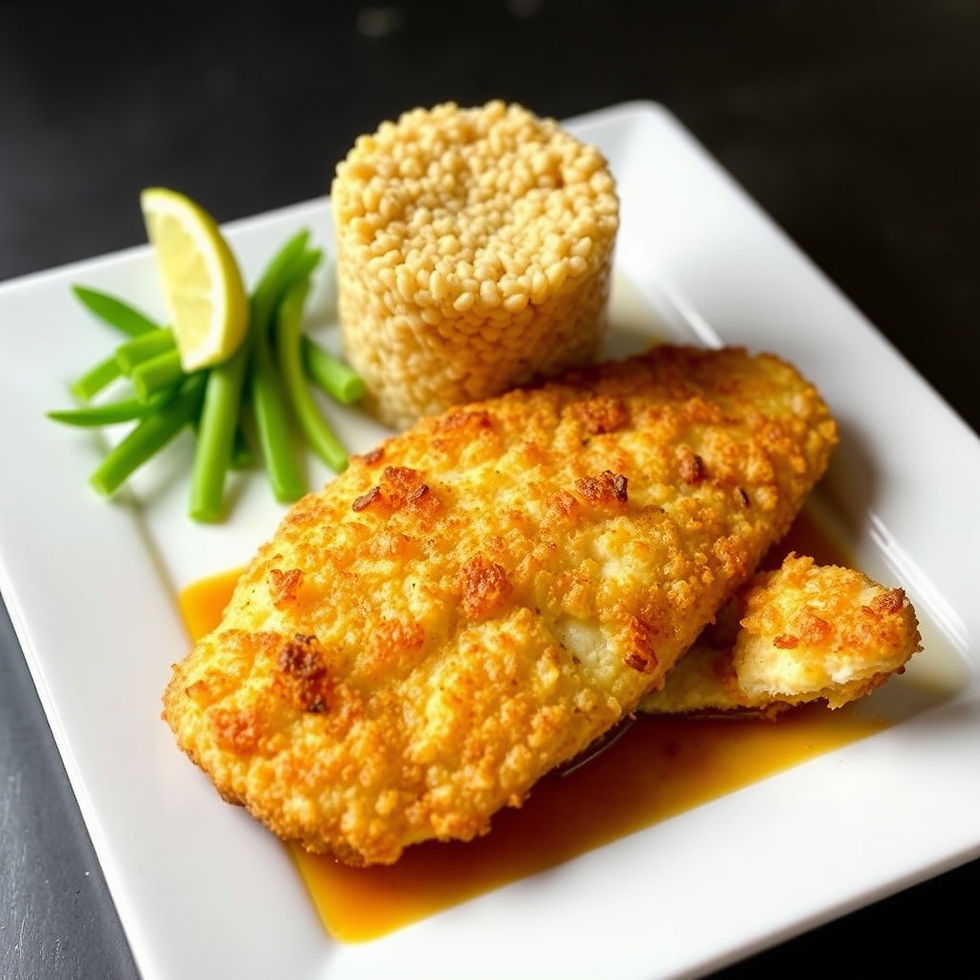 Baked Haddock with Lemon Ritz Crust, Herb Rice Pilaf, & Champagne Cream Sauce