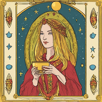 A woman in ornate red robes holds a golden cup. She's framed by stars and symbols in a celestial-themed border, conveying a serene mood. Created by Wix AI after second try, prompt: page of cups tarot.