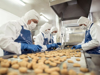 食品工廠作業員在生產線上進行品管檢查，象徵HACCP計畫書落實於實際製程