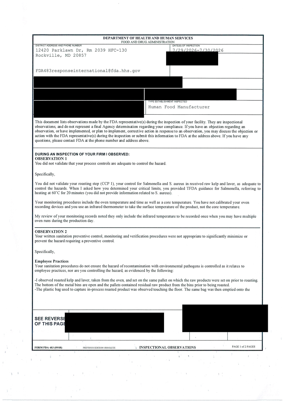 FDA Form 483 第一頁:觀察一 製程管制驗證、觀察二 衛生預防管制