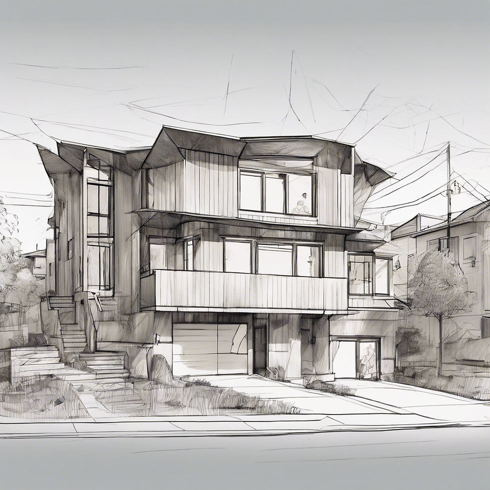 Modern architectural sketch of a sleek, contemporary single-family home with large windows and a multi-tiered design.