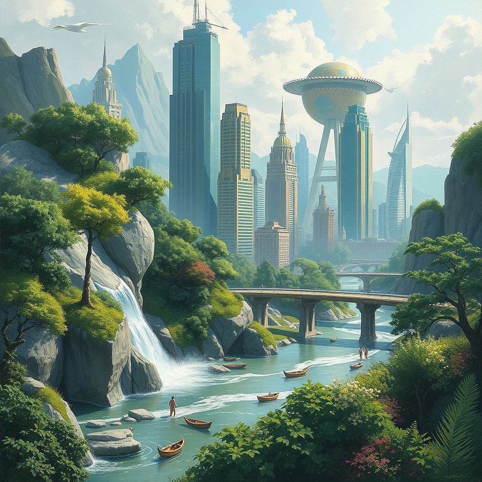 In this visionary depiction, a futuristic city skyline harmoniously melds with vibrant natural landscapes, featuring towering skyscrapers alongside lush greenery, waterfalls, and serene rivers.