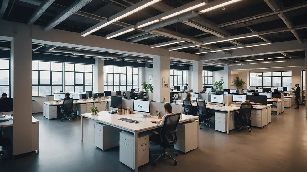 Eye-level view of an open office layout with employees collaborating