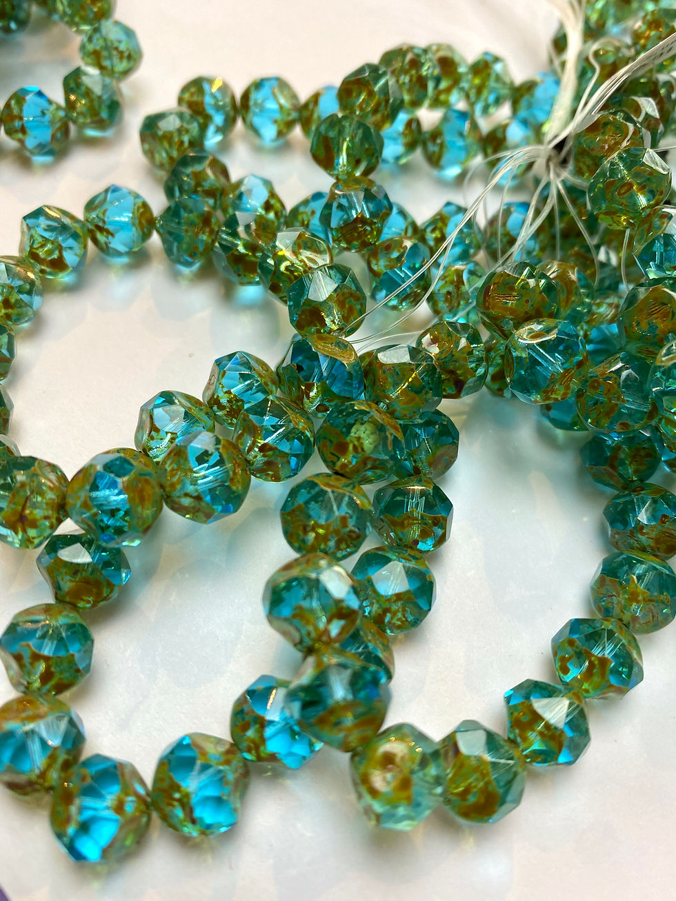 Miniature : Center Cut 9mm Aqua Blue /Picasso Finish Czech Glass Bead Strand
