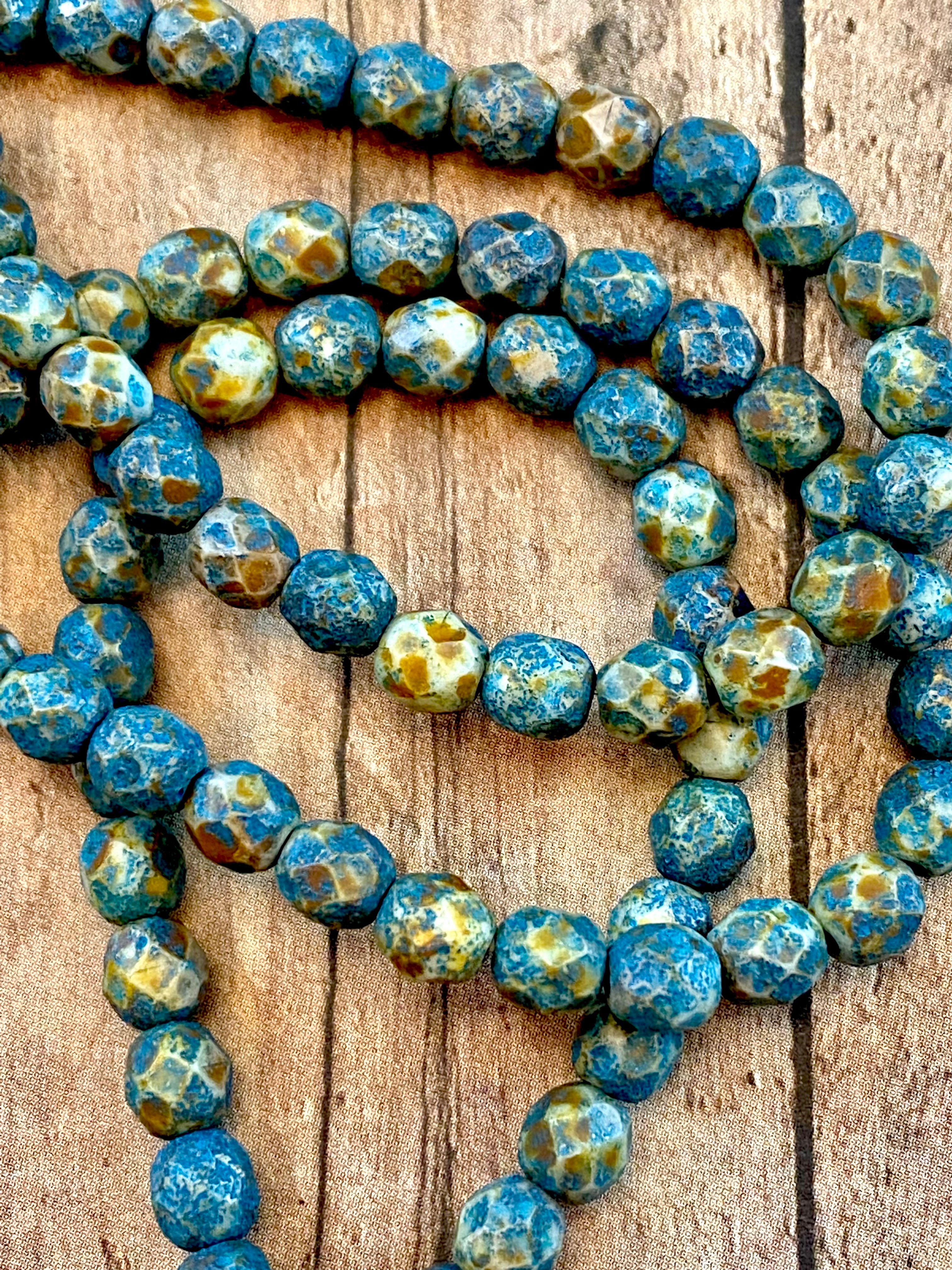 Etched 6mm Cream w Picasso Finish & Turquoise Wash Fire polish