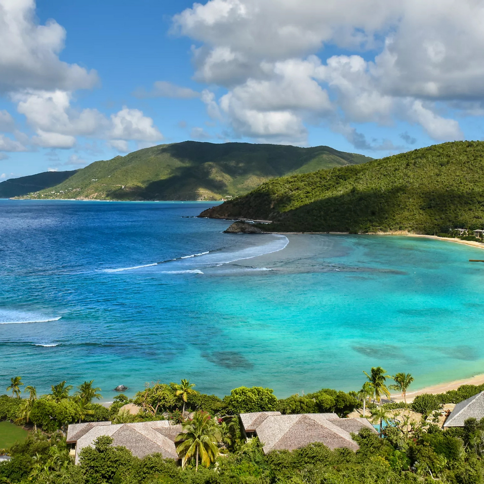 Little Dix Bay in the British Virgin Islands, with the Rosewood Little Dix Bay in the foreground
