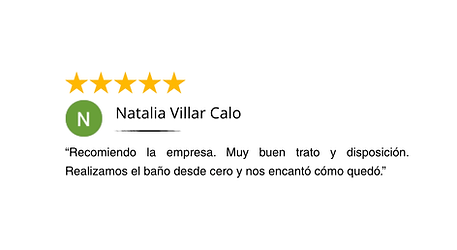 Reseña de cliente cinco estrellas sobre reforma de baño y cocina, destacando buena atención, asesoramiento y cumplimiento durante todo el proceso.