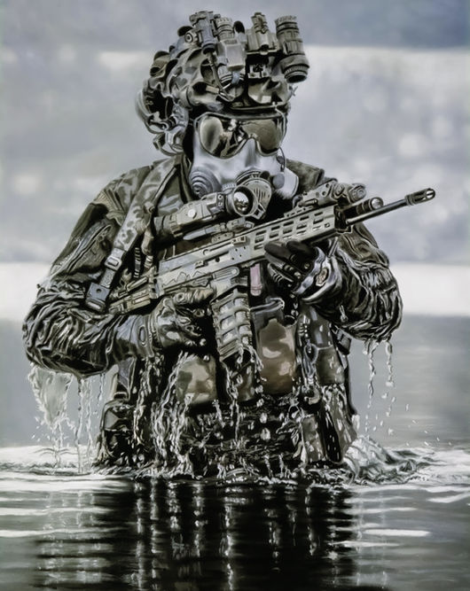 Full view of the original dry pastel soldier artwork with water reflection, presented as a fine art print.