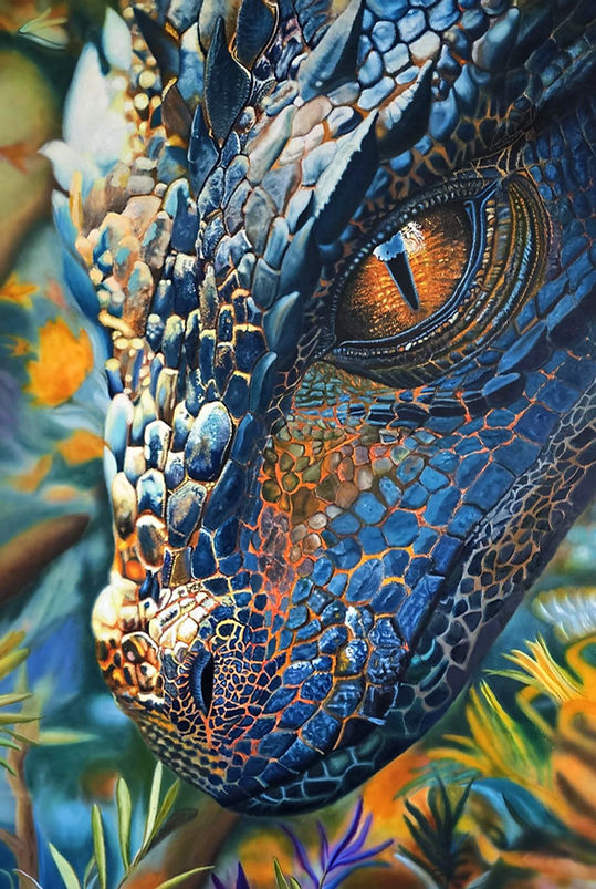 Hyperrealistic oil painting of Draco Ignis, a fire dragon with a golden eye, layered scales, horns, and natural foliage