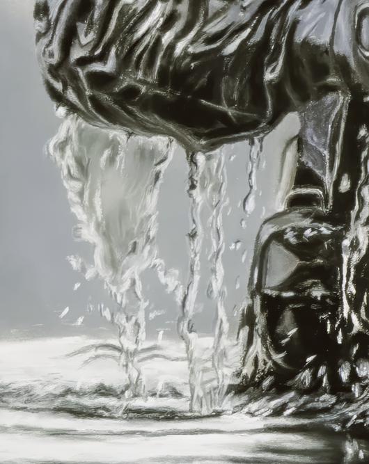 Close-up of dry pastel fine art print highlighting water and reflection details in the soldier portrait.