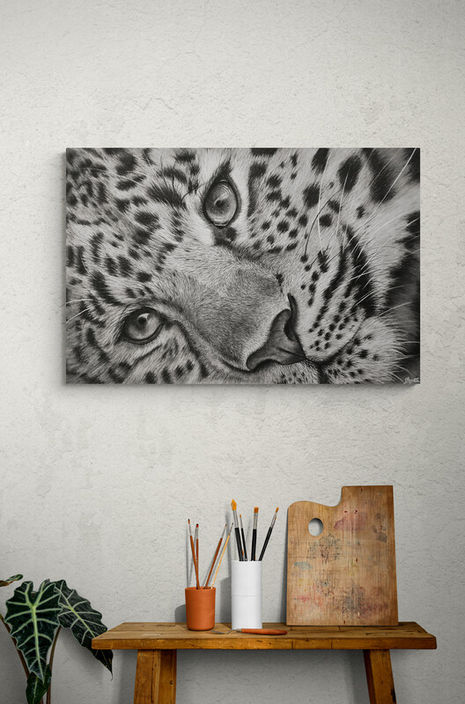 a black and white drawing of a leopard hanging on a wall, 'Silent Grace'