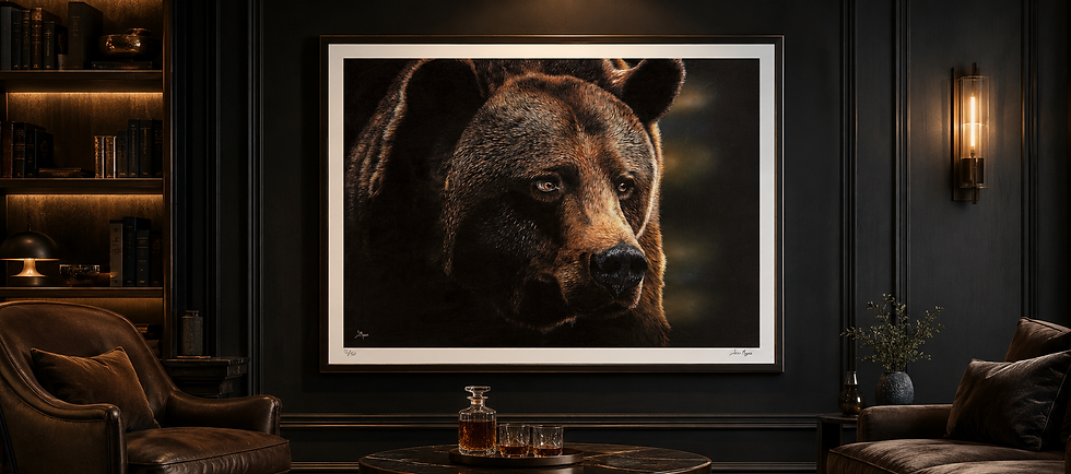 Out of Darkness limited edition fine art print displayed in a luxury interior, showing the scale and quiet strength of the grizzly bear artwork.