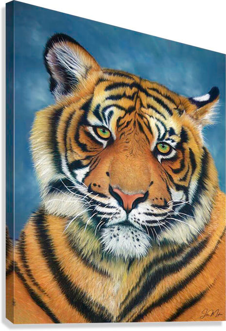 'Bengal Majesty', a dry pastel painting of a tiger with a blue sky in the background as a canvas print on a white wall