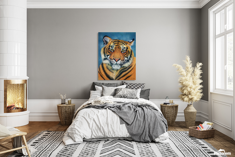 a bedroom with a bed and a painting of a tiger on the wall