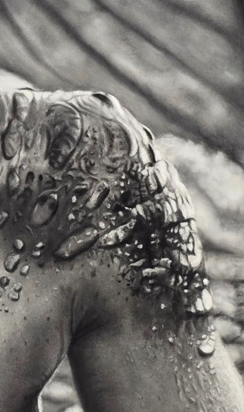 Close-up of A Siren’s Return showing scale-like textures, water details, anatomical forms, and layered charcoal and dry pastel work.