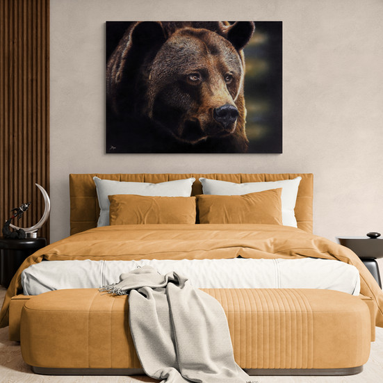 ‘Out of Darkness,’ bear artwork on canvas above a queen bed in a modern tan and beige bedroom.