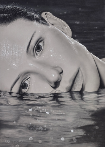 Hyperreal charcoal and dry pastel portrait of a woman resting at the water’s surface, titled Beneath Still Waters by Jen Myhre.