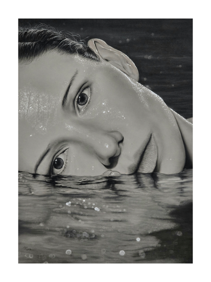 Full view of “Beneath Still Waters” — a hand-drawn charcoal portrait capturing a woman hovering just above the surface of water, rich with layered realism and emotion.