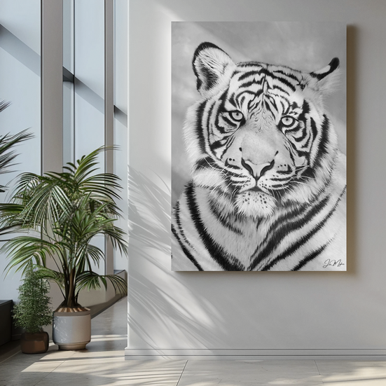 a black and white painting of a white tiger hanging on a wall, 'A Quiet Force'
