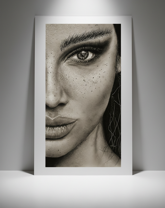 Minimal gallery-style display of a framed portrait fine art print under soft spotlight.