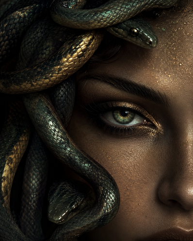 Hyperreal close-up concept image of Medusa with green-gold eyes, dark snakes, and dramatic shadowed lighting.