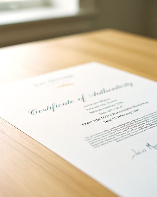 Close-up of a signed certificate of authenticity on a desk for a limited edition fine art print.