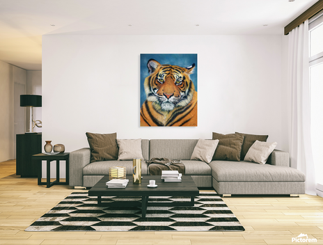 a living room with a painting of a tiger on the wall, 'Bengal Majesty'