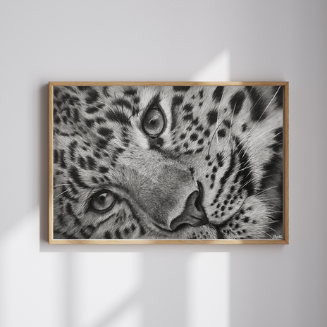 a black and white drawing of a leopard 's face, 'Silent Grace'
