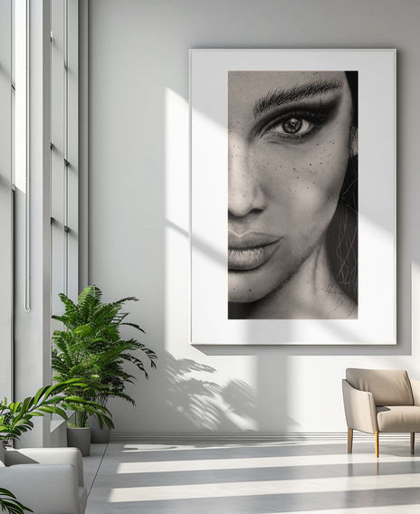 a black and white photo of a woman 's face, 'Now You See Me', hangs on a white wall next to a potted plant