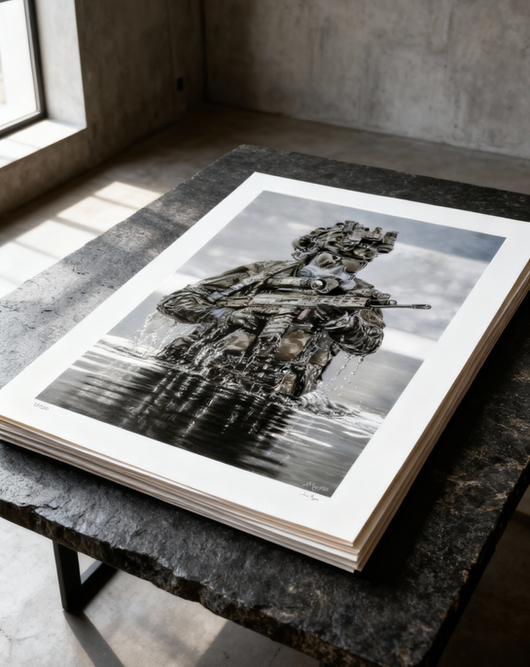 Angled view of a dry pastel fine art print resting on a stone surface, showing edge detail and paper quality.