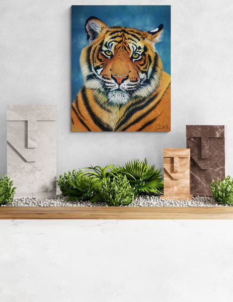 'Bengal Majesty', a dry pastel painting of a tiger is hanging on an outdoor wall above plants and decor