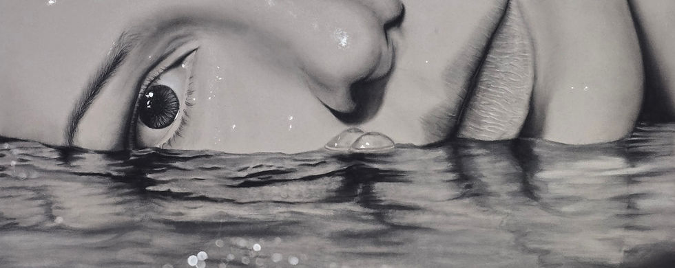 Close-up crop of Beneath Still Waters by Jen Myhre, showing the woman’s face, eye, lips, and water reflection in hyperrealistic detail.