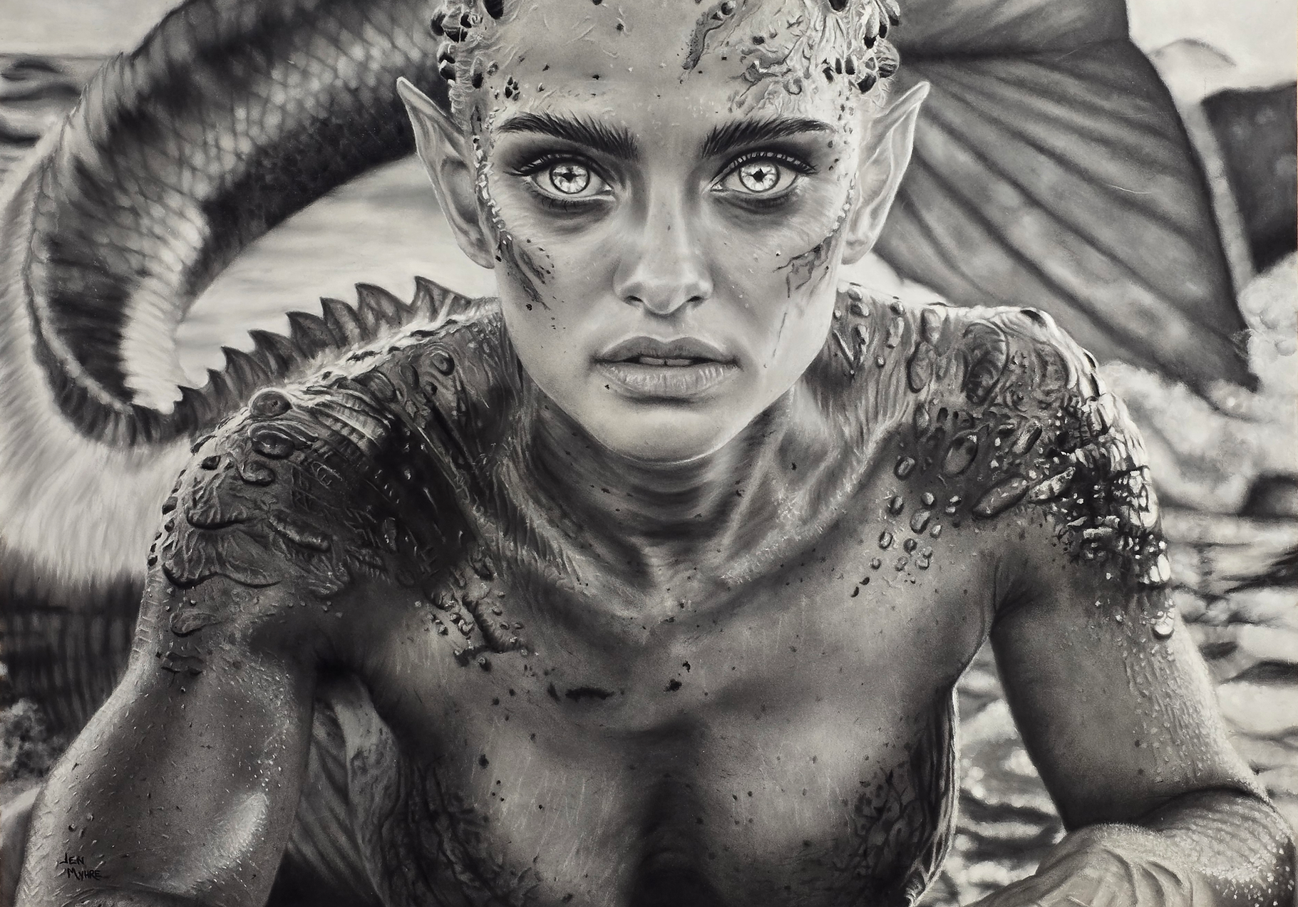 Jen Myhre's hyperreal charcoal painting 