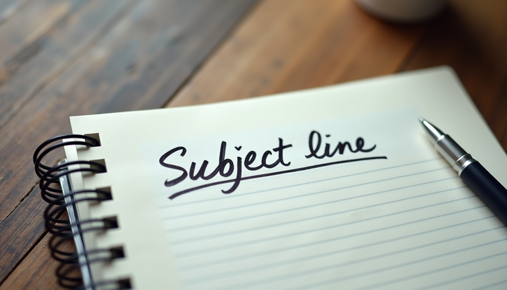 High angle view of a notebook with handwritten email subject line ideas