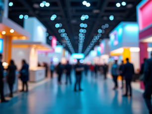 Trade show floor with vibrant booths and attendees