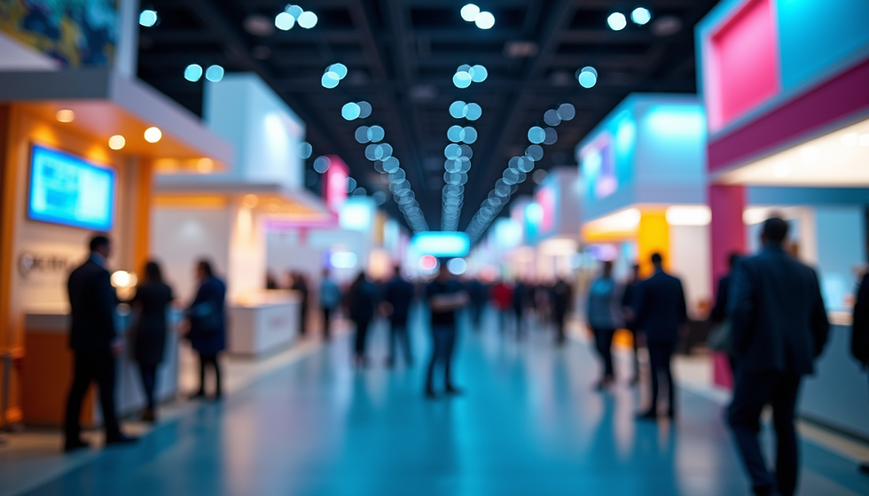 Trade show floor with vibrant booths and attendees